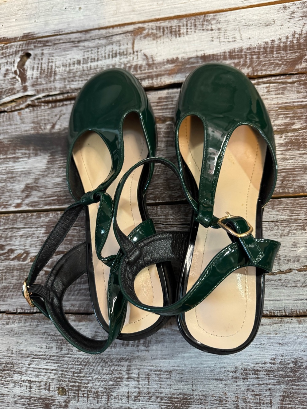 T-Strap Slingback Chunky Heel in Dark Green - Picture 3 of 6
